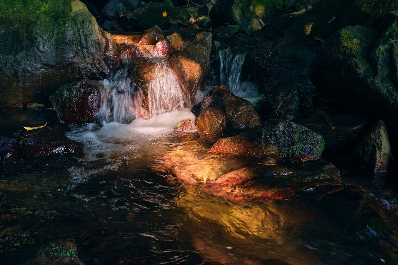 stream in the mountains lit by the sun ray