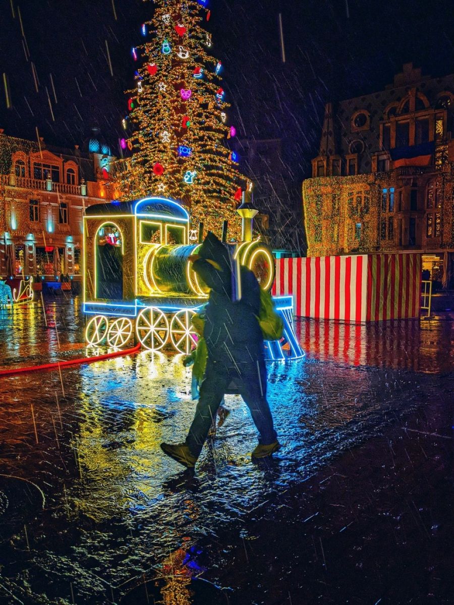 street photo of woman near new year tree